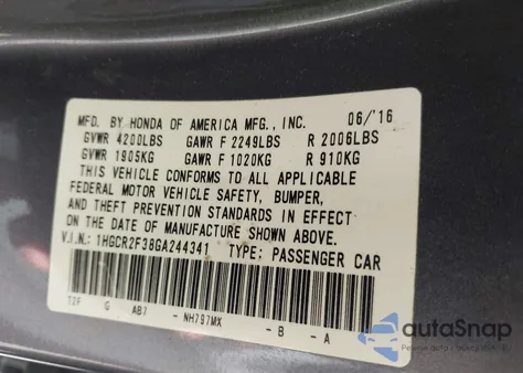 2016 Honda Accord Lx from USA, damaged, VIN 1HGCR2F38GA244341